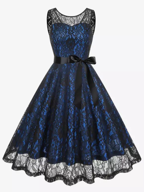 Retro Dress Green 1950s Style Two-Tone Sash Sleeveless V-Neck Medium Rockabilly Dress