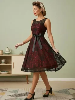 Retro Dress Green 1950s Style Two-Tone Sash Sleeveless V-Neck Medium Rockabilly Dress