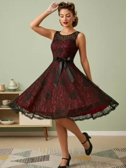 Retro Dress Green 1950s Style Two-Tone Sash Sleeveless V-Neck Medium Rockabilly Dress