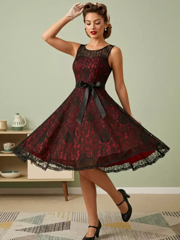 Retro Dress Green 1950s Style Two-Tone Sash Sleeveless V-Neck Medium Rockabilly Dress
