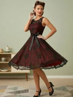 Retro Dress Green 1950s Style Two-Tone Sash Sleeveless V-Neck Medium Rockabilly Dress