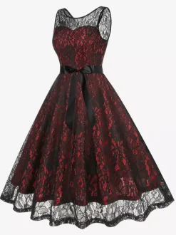 Retro Dress Green 1950s Style Two-Tone Sash Sleeveless V-Neck Medium Rockabilly Dress