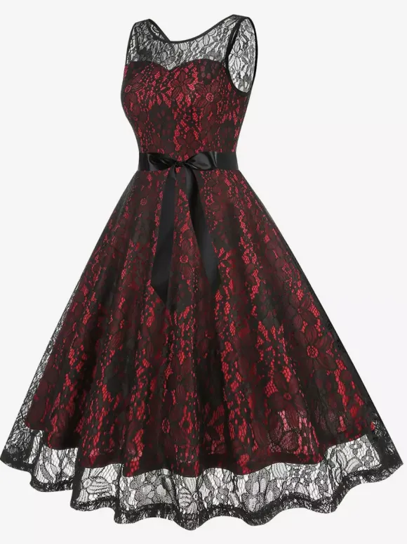Retro Dress Green 1950s Style Two-Tone Sash Sleeveless V-Neck Medium Rockabilly Dress