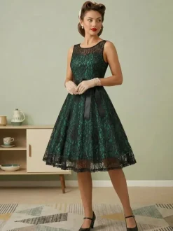 Retro Dress Green 1950s Style Two-Tone Sash Sleeveless V-Neck Medium Rockabilly Dress