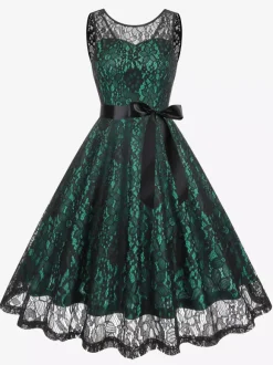 Retro Dress Green 1950s Style Two-Tone Sash Sleeveless V-Neck Medium Rockabilly Dress