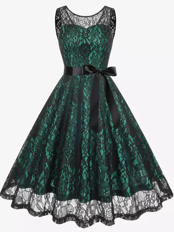 Retro Dress Green 1950s Style Two-Tone Sash Sleeveless V-Neck Medium Rockabilly Dress