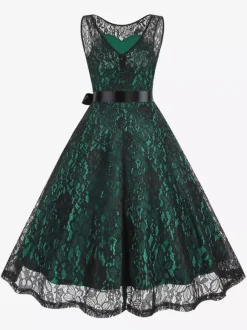 Retro Dress Green 1950s Style Two-Tone Sash Sleeveless V-Neck Medium Rockabilly Dress