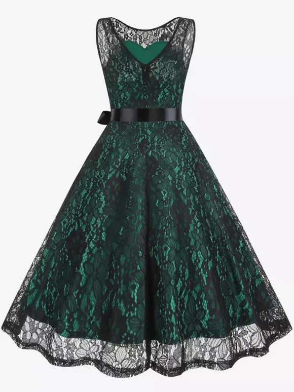 Retro Dress Green 1950s Style Two-Tone Sash Sleeveless V-Neck Medium Rockabilly Dress