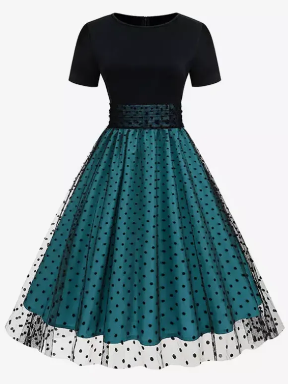 Retro Glamour Dress 1950s Style Jewel Neck Layered Short Sleeves Medium Polka Dot Rockabilly Dress