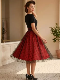 Retro Glamour Dress 1950s Style Jewel Neck Layered Short Sleeves Medium Polka Dot Rockabilly Dress
