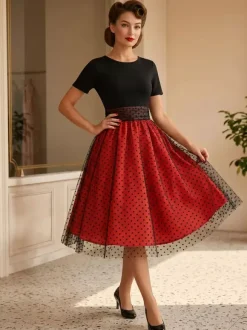 Retro Glamour Dress 1950s Style Jewel Neck Layered Short Sleeves Medium Polka Dot Rockabilly Dress