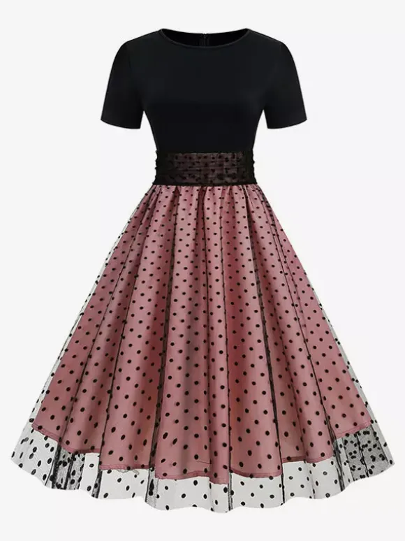 Retro Glamour Dress 1950s Style Jewel Neck Layered Short Sleeves Medium Polka Dot Rockabilly Dress
