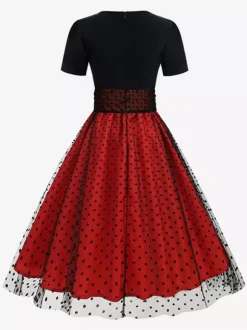 Retro Glamour Dress 1950s Style Jewel Neck Layered Short Sleeves Medium Polka Dot Rockabilly Dress