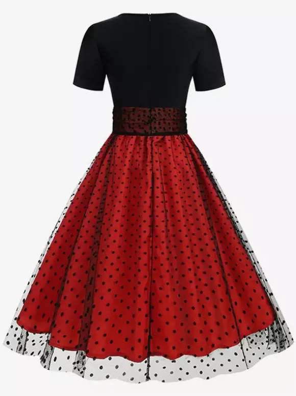 Retro Glamour Dress 1950s Style Jewel Neck Layered Short Sleeves Medium Polka Dot Rockabilly Dress