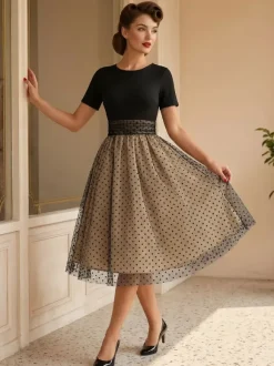 Retro Glamour Dress 1950s Style Jewel Neck Layered Short Sleeves Medium Polka Dot Rockabilly Dress