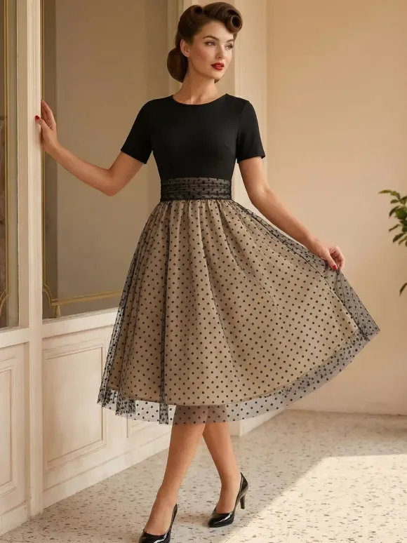 Retro Glamour Dress 1950s Style Jewel Neck Layered Short Sleeves Medium Polka Dot Rockabilly Dress