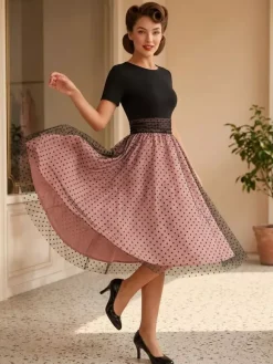 Retro Glamour Dress 1950s Style Jewel Neck Layered Short Sleeves Medium Polka Dot Rockabilly Dress