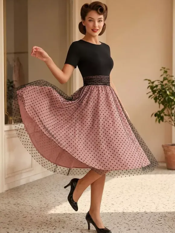 Retro Glamour Dress 1950s Style Jewel Neck Layered Short Sleeves Medium Polka Dot Rockabilly Dress