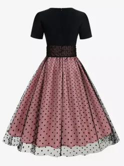 Retro Glamour Dress 1950s Style Jewel Neck Layered Short Sleeves Medium Polka Dot Rockabilly Dress