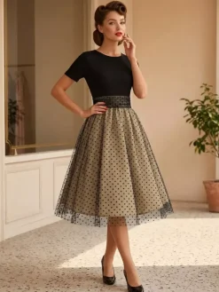 Retro Glamour Dress 1950s Style Jewel Neck Layered Short Sleeves Medium Polka Dot Rockabilly Dress