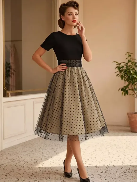 Retro Glamour Dress 1950s Style Jewel Neck Layered Short Sleeves Medium Polka Dot Rockabilly Dress