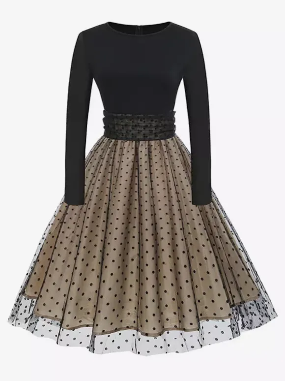 Retro Glamour Dress 1950s Style Jewel Neck Layered Short Sleeves Medium Polka Dot Rockabilly Dress