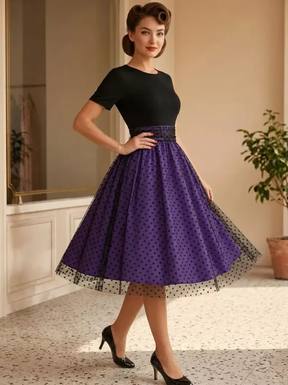 Retro Glamour Dress 1950s Style Jewel Neck Layered Short Sleeves Medium Polka Dot Rockabilly Dress