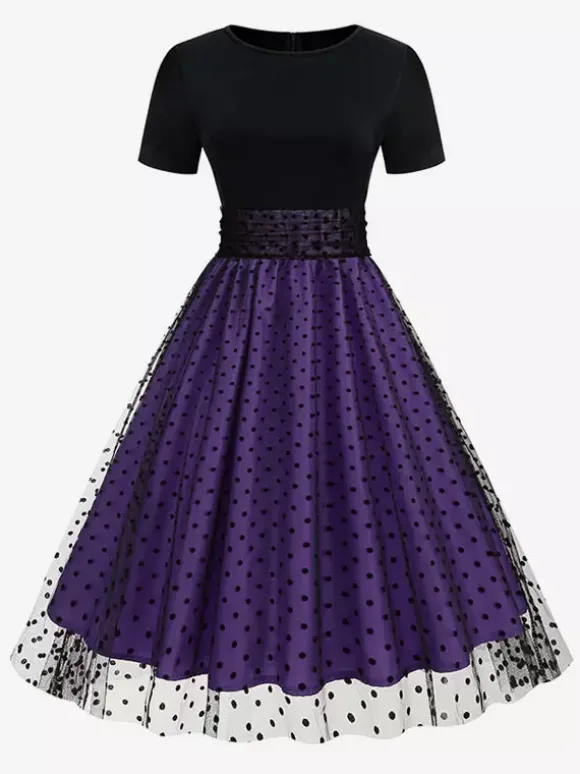 Retro Glamour Dress 1950s Style Jewel Neck Layered Short Sleeves Medium Polka Dot Rockabilly Dress