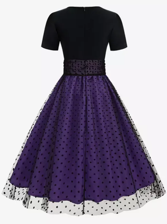 Retro Glamour Dress 1950s Style Jewel Neck Layered Short Sleeves Medium Polka Dot Rockabilly Dress