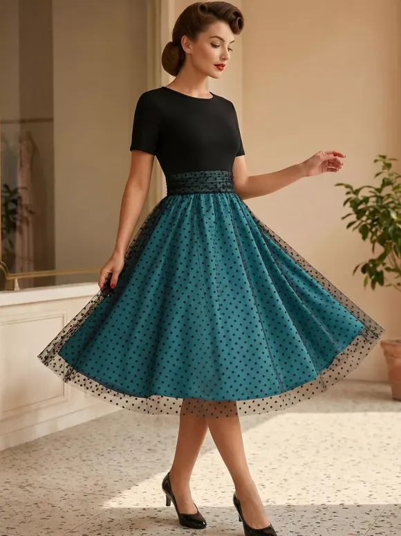 Retro Glamour Dress 1950s Style Jewel Neck Layered Short Sleeves Medium Polka Dot Rockabilly Dress