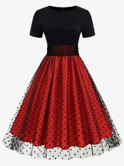 Retro Glamour Dress 1950s Style Jewel Neck Layered Short Sleeves Medium Polka Dot Rockabilly Dress