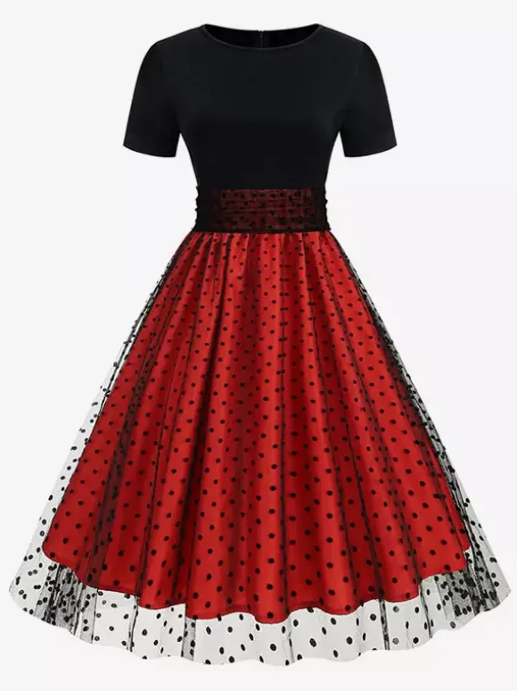 Retro Glamour Dress 1950s Style Jewel Neck Layered Short Sleeves Medium Polka Dot Rockabilly Dress