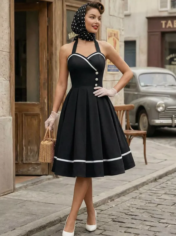 Retro Glamour Dress 1950s Style Burgundy Layered Buttons Sleeveless Sweetheart Neck Swing Dress