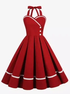 Retro Glamour Dress 1950s Style Burgundy Layered Buttons Sleeveless Sweetheart Neck Swing Dress
