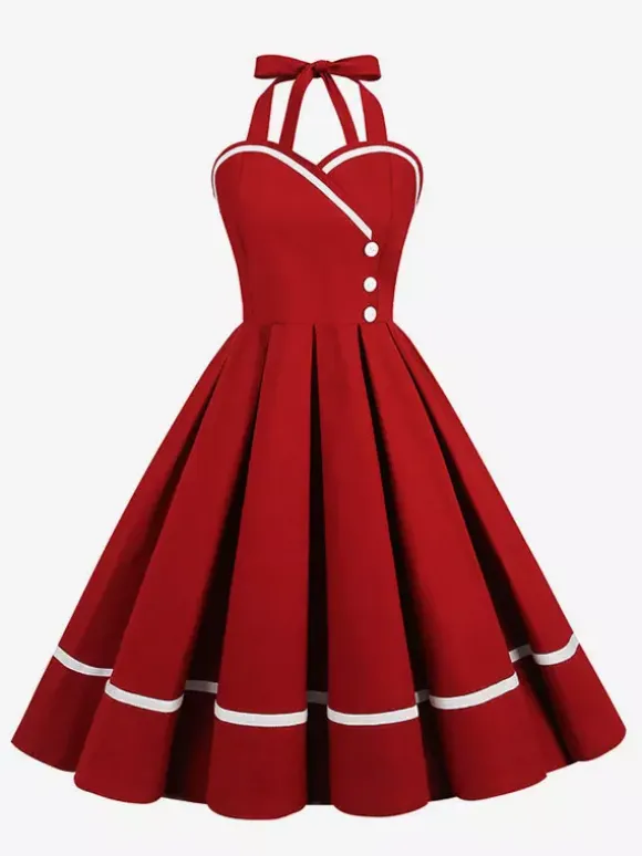 Retro Glamour Dress 1950s Style Burgundy Layered Buttons Sleeveless Sweetheart Neck Swing Dress