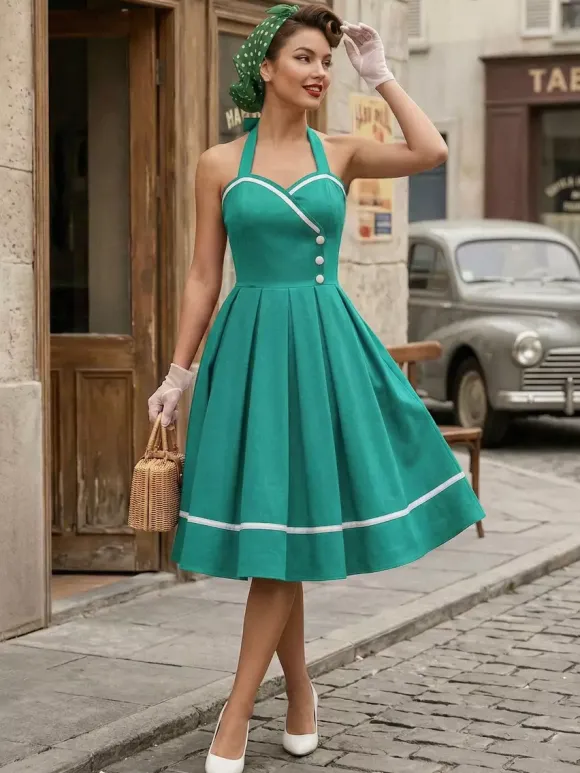 Retro Glamour Dress 1950s Style Burgundy Layered Buttons Sleeveless Sweetheart Neck Swing Dress