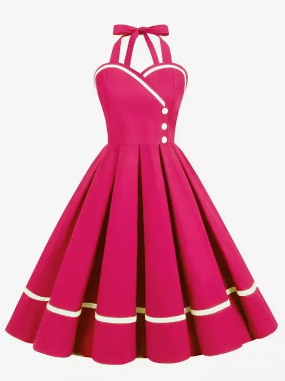 Retro Glamour Dress 1950s Style Burgundy Layered Buttons Sleeveless Sweetheart Neck Swing Dress