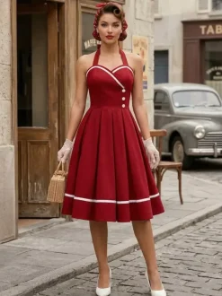 Retro Glamour Dress 1950s Style Burgundy Layered Buttons Sleeveless Sweetheart Neck Swing Dress