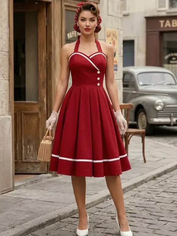 Retro Glamour Dress 1950s Style Burgundy Layered Buttons Sleeveless Sweetheart Neck Swing Dress