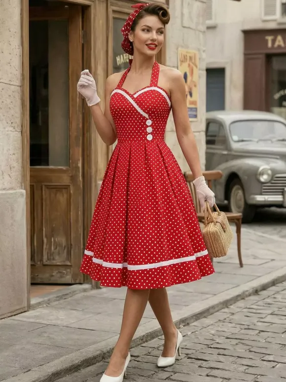 Retro Glamour Dress 1950s Style Burgundy Layered Buttons Sleeveless Sweetheart Neck Swing Dress