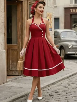 Retro Glamour Dress 1950s Style Burgundy Layered Buttons Sleeveless Sweetheart Neck Swing Dress