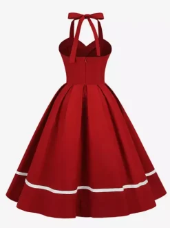 Retro Glamour Dress 1950s Style Burgundy Layered Buttons Sleeveless Sweetheart Neck Swing Dress