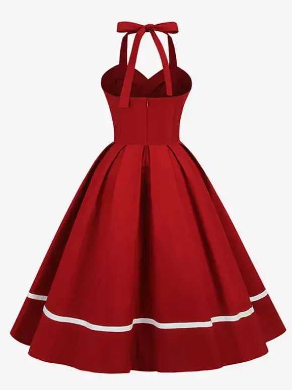 Retro Glamour Dress 1950s Style Burgundy Layered Buttons Sleeveless Sweetheart Neck Swing Dress