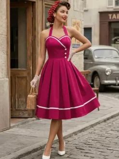 Retro Glamour Dress 1950s Style Burgundy Layered Buttons Sleeveless Sweetheart Neck Swing Dress