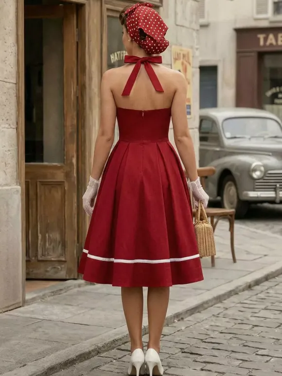 Retro Glamour Dress 1950s Style Burgundy Layered Buttons Sleeveless Sweetheart Neck Swing Dress