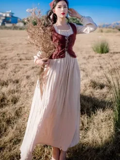 Retro Medieval Scotland Dress Women Two Pieces Vintage Garden Floral Plaid Dress Fashion Patchwork Prairie Chic Sukol Dress