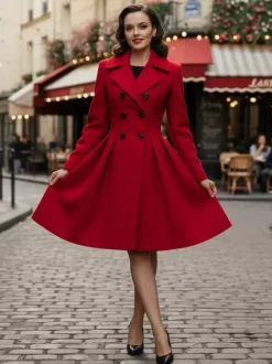Retro Red 1950s Double-Breasted A-line Woolen Coat For Women 2026