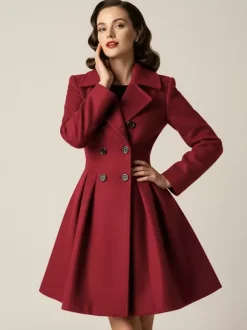 Retro Red 1950s Double-Breasted A-line Woolen Coat For Women 2026