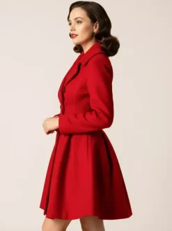 Retro Red 1950s Double-Breasted A-line Woolen Coat For Women 2026