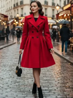 Retro Red 1950s Double-Breasted A-line Woolen Coat For Women 2026